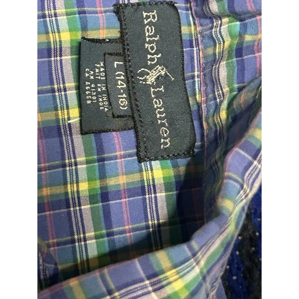 Ralph Lauren Youth Large 14-16 Blue Green Plaid Button Down Shirt Pony Logo